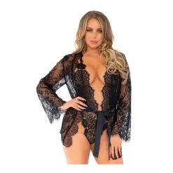 Body & Peignoir & String Tout Dentelle Sexy & Ceinture Satin - 3 Pièces - LEG AVENUE 86112 - Noir 001