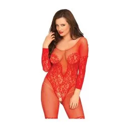 Body Entier Transparent Ouvert à L'entre Jambe - Bodystocking - LEG AVENUE 89190 - Rouge 003