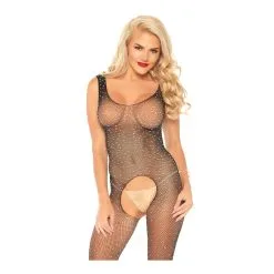 Body Entier Transparent Ouvert à L'entre Jambe & Strass - Bodystocking - LEG AVENUE 89232 - Noir 001