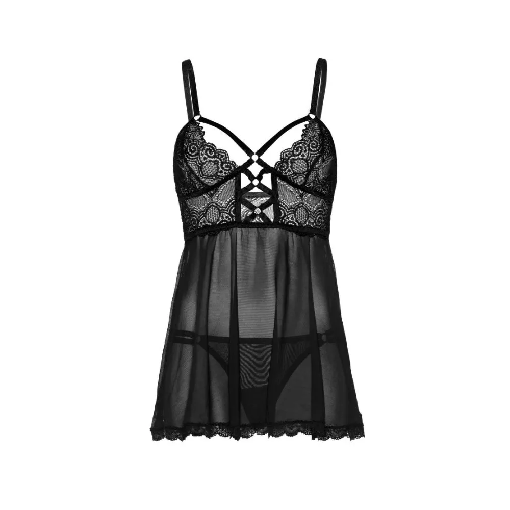 Nuisette Transparent Et Dentelle Avec Lanières & String LEG AVENUE 86108 - Noir 001 2 Nuisette Transparent Et Dentelle Avec Lanières & String LEG AVENUE 86108 - Noir 001 – Image 2