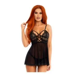 Nuisette Transparent Et Dentelle Avec Lanières & String LEG AVENUE 86108 - Noir 001