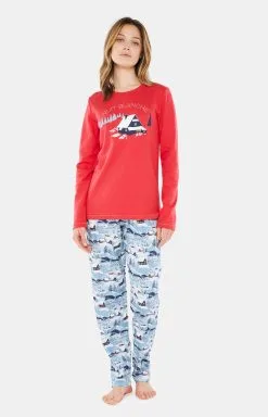 Pyjama Long Femme Coton Bio ARTHUR "Petits Chalets" MOL - Bleu NUITH22