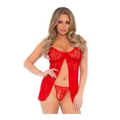 Robe Dentelle Babydoll Transparente Sexy & String - 2 Pièces - LEG AVENUE 8782 - Rouge 003