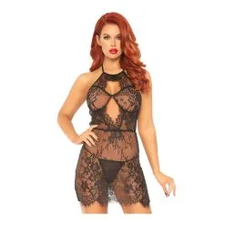 Robe Tout Dentelle Au Décolleté Ouvert Sexy & String - 2 Pièces - LEG AVENUE 86109 - Noir 001