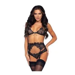 Soutien-gorge Sexy & String & Porte-jarretelle Avec Strass - 3 Pièces - LEG AVENUE 81621 - Noir 001